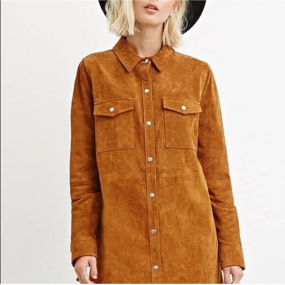 Vintage Inspired Forever 21 100% Leather Suede Shirt Dress Jacket, Med - Picture 1 of 9